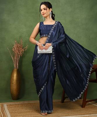 party wear lycra solid embellished saree with unstiched blouse piece_navy blue 2