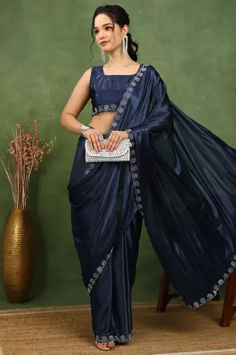 party wear lycra solid embellished saree with unstiched blouse piece_navy blue
