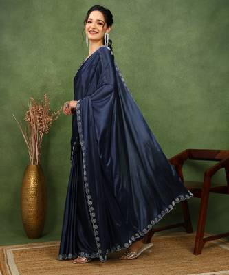 party wear lycra solid embellished saree with unstiched blouse piece_navy blue 3