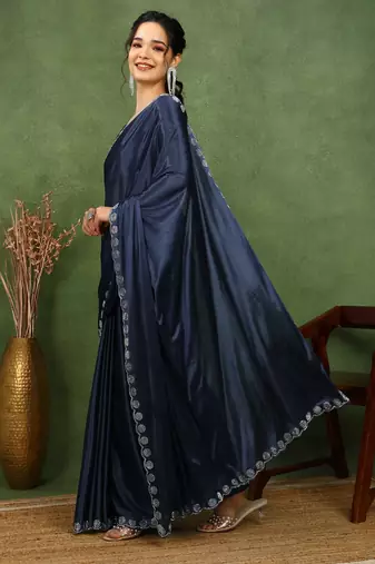 party wear lycra solid embellished saree with unstiched blouse piece_navy blue