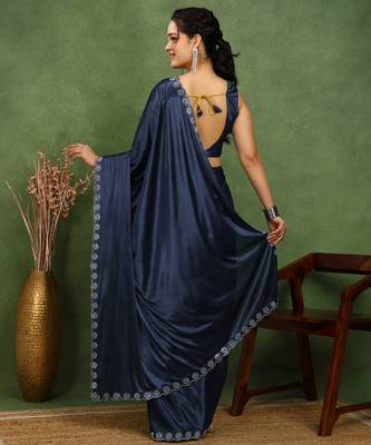 party wear lycra solid embellished saree with unstiched blouse piece_navy blue 4