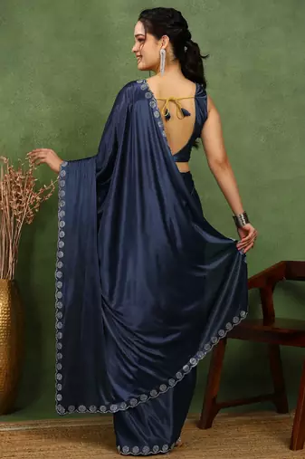 party wear lycra solid embellished saree with unstiched blouse piece_navy blue