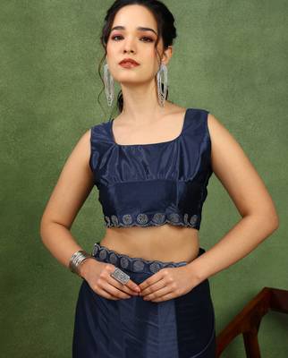 party wear lycra solid embellished saree with unstiched blouse piece_navy blue 5