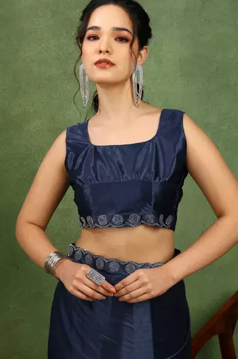 party wear lycra solid embellished saree with unstiched blouse piece_navy blue