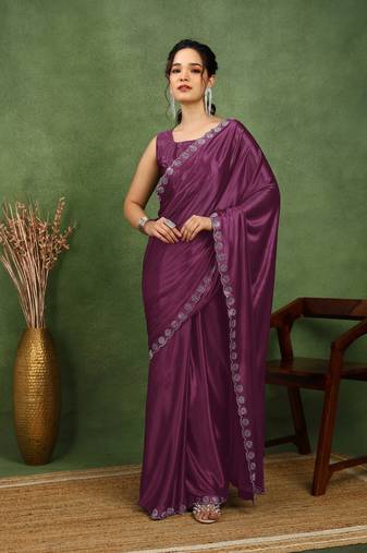 party wear lycra solid embellished saree with unstiched blouse piece_magenta