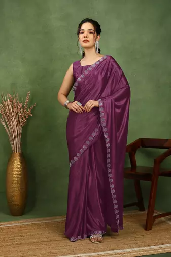 party wear lycra solid embellished saree with unstiched blouse piece_magenta