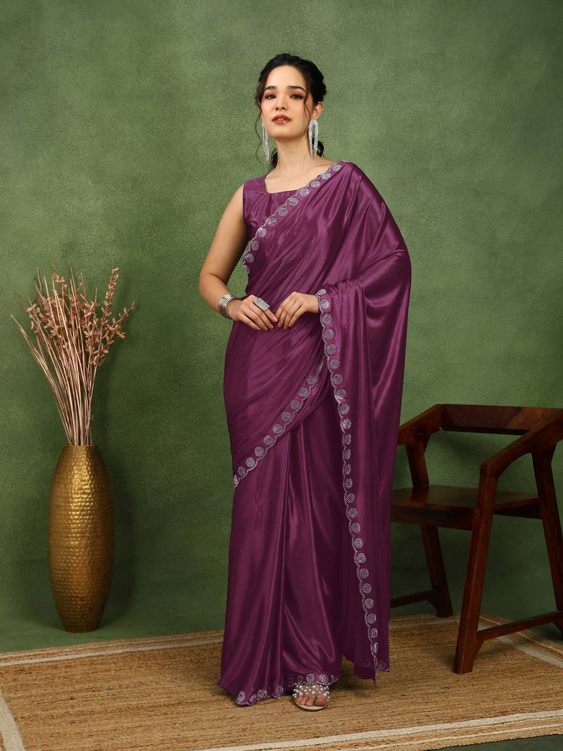 party wear lycra solid embellished saree with unstiched blouse piece_magenta