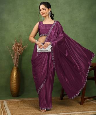 party wear lycra solid embellished saree with unstiched blouse piece_magenta 2