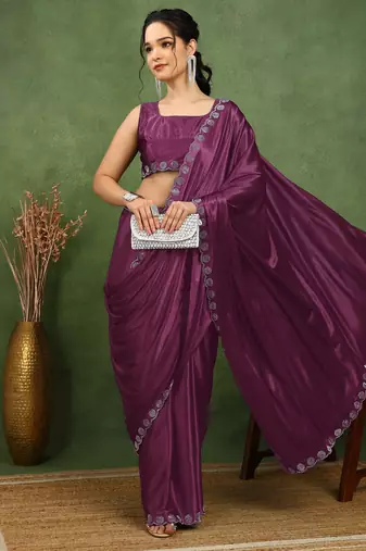 party wear lycra solid embellished saree with unstiched blouse piece_magenta
