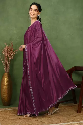 party wear lycra solid embellished saree with unstiched blouse piece_magenta