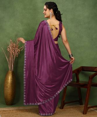 party wear lycra solid embellished saree with unstiched blouse piece_magenta 4