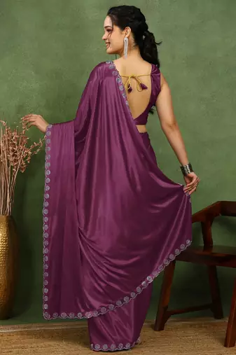 party wear lycra solid embellished saree with unstiched blouse piece_magenta