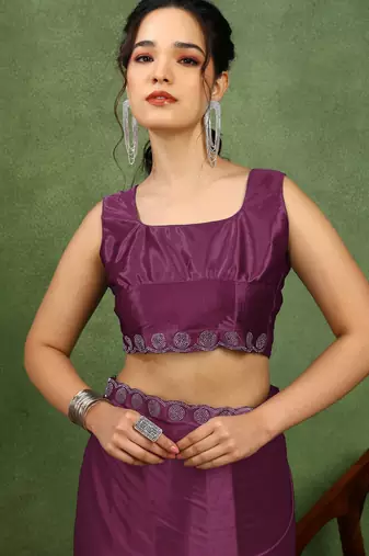 party wear lycra solid embellished saree with unstiched blouse piece_magenta