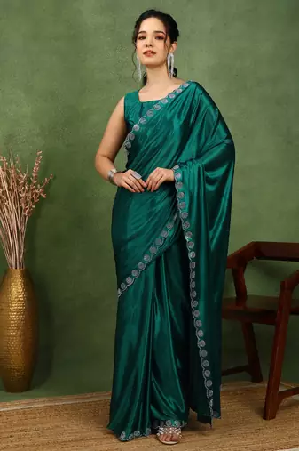 party wear lycra solid embellished saree with unstiched blouse piece_rama green