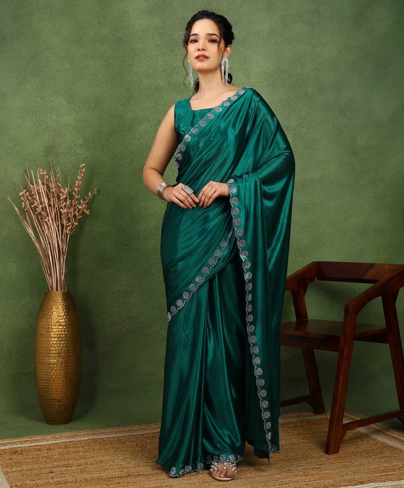 party wear lycra solid embellished saree with unstiched blouse piece_rama green
