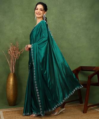 party wear lycra solid embellished saree with unstiched blouse piece_rama green 3