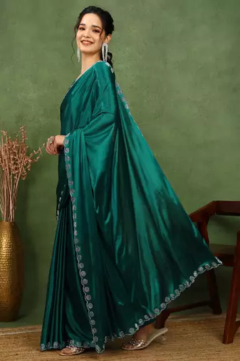 party wear lycra solid embellished saree with unstiched blouse piece_rama green