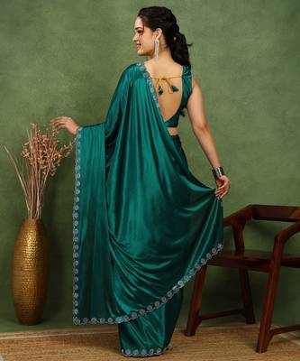 party wear lycra solid embellished saree with unstiched blouse piece_rama green 4