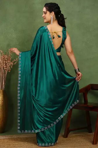 party wear lycra solid embellished saree with unstiched blouse piece_rama green