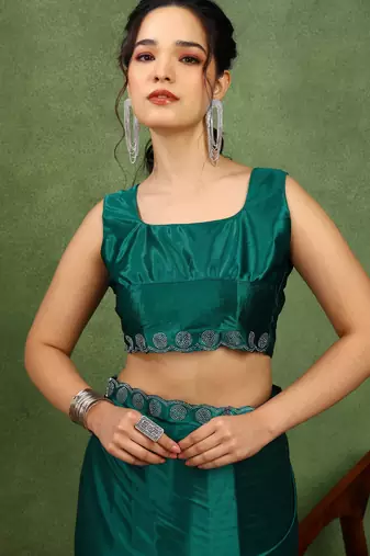 party wear lycra solid embellished saree with unstiched blouse piece_rama green