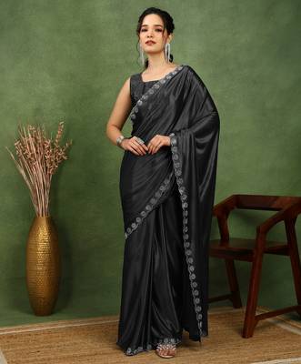 party wear lycra solid embellished saree with unstiched blouse piece_black 1
