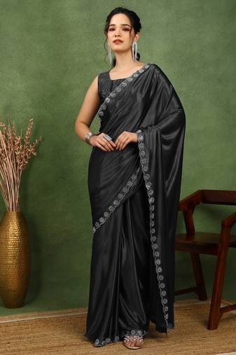 party wear lycra solid embellished saree with unstiched blouse piece_black