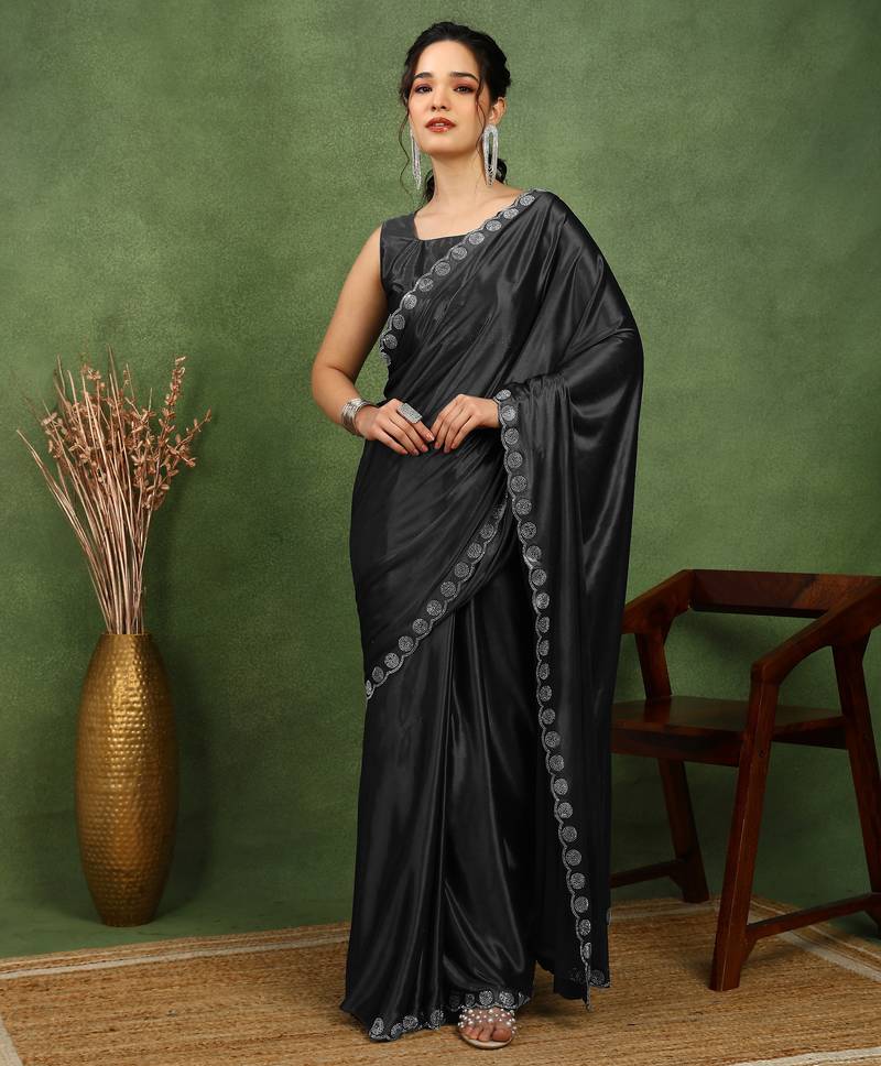 party wear lycra solid embellished saree with unstiched blouse piece_black