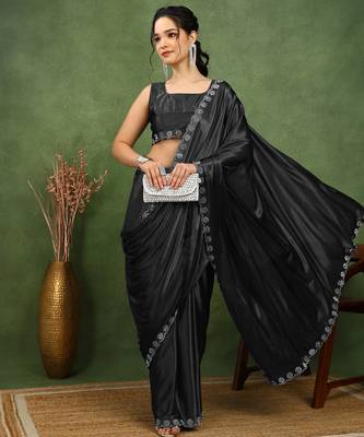 party wear lycra solid embellished saree with unstiched blouse piece_black 2