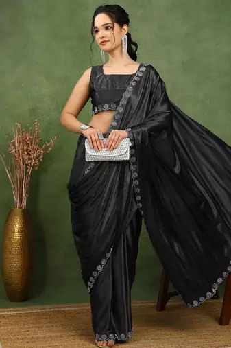 party wear lycra solid embellished saree with unstiched blouse piece_black