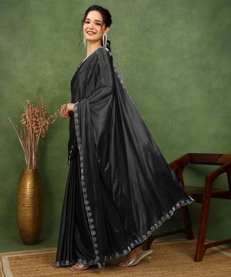 party wear lycra solid embellished saree with unstiched blouse piece_black 3
