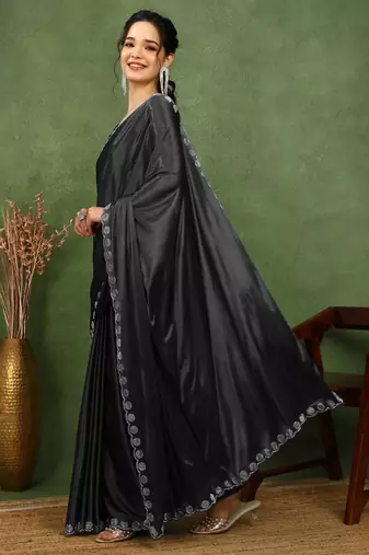 party wear lycra solid embellished saree with unstiched blouse piece_black