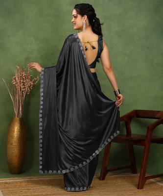 party wear lycra solid embellished saree with unstiched blouse piece_black 4