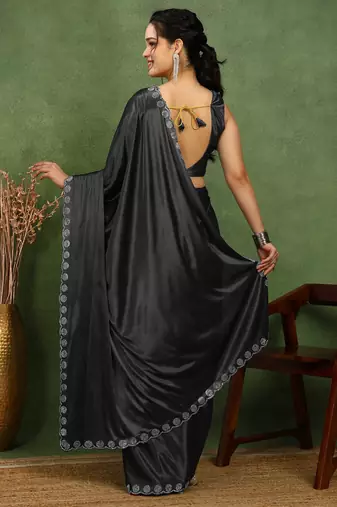 party wear lycra solid embellished saree with unstiched blouse piece_black
