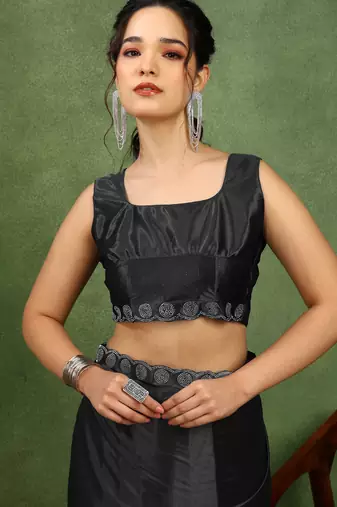 party wear lycra solid embellished saree with unstiched blouse piece_black