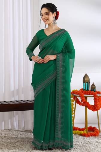 party wear chiffon solid embellished saree with unstiched blouse piece_dark green