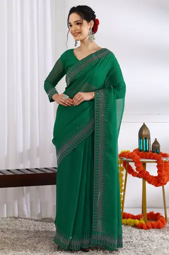 party wear chiffon solid embellished saree with unstiched blouse piece_dark green