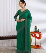 party wear chiffon solid embellished saree with unstiched blouse piece_dark green