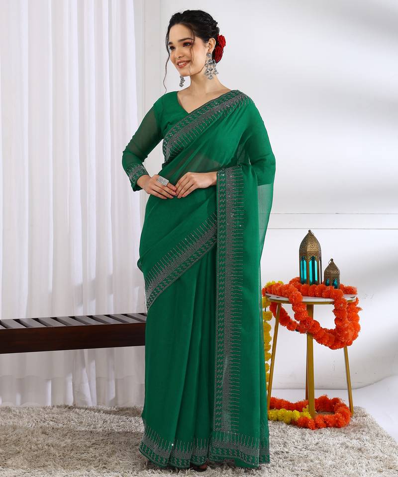 party wear chiffon solid embellished saree with unstiched blouse piece_dark green