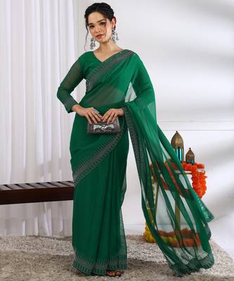 party wear chiffon solid embellished saree with unstiched blouse piece_dark green 2