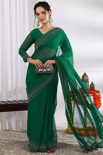 party wear chiffon solid embellished saree with unstiched blouse piece_dark green