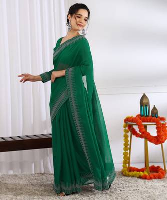 party wear chiffon solid embellished saree with unstiched blouse piece_dark green 3