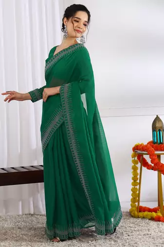 party wear chiffon solid embellished saree with unstiched blouse piece_dark green