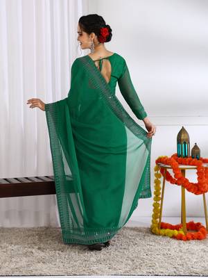 party wear chiffon solid embellished saree with unstiched blouse piece_dark green 4