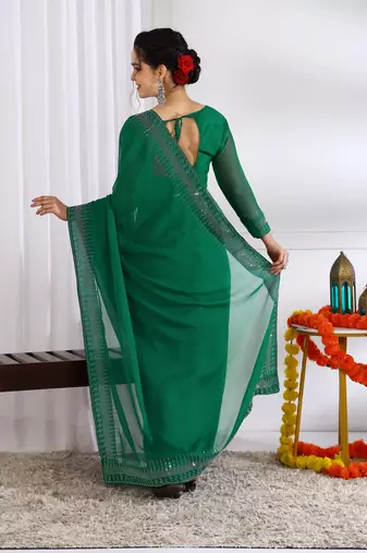 party wear chiffon solid embellished saree with unstiched blouse piece_dark green