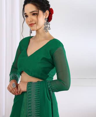 party wear chiffon solid embellished saree with unstiched blouse piece_dark green 5