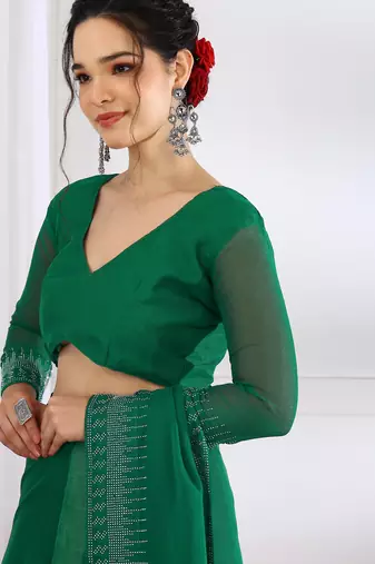 party wear chiffon solid embellished saree with unstiched blouse piece_dark green