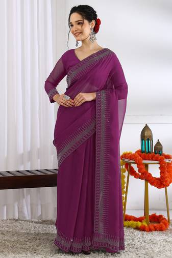 party wear chiffon solid embellished saree with unstiched blouse piece_dark magenta