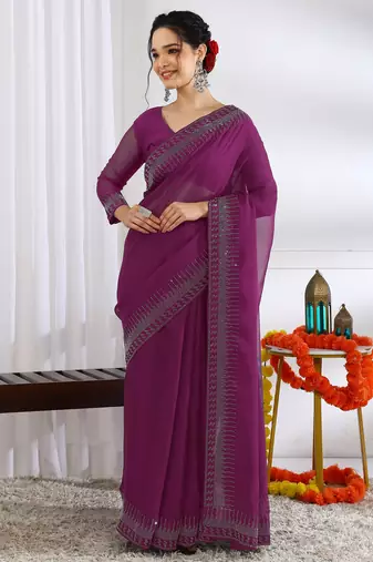 party wear chiffon solid embellished saree with unstiched blouse piece_dark magenta