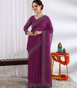 party wear chiffon solid embellished saree with unstiched blouse piece_dark magenta