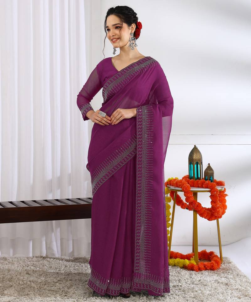 party wear chiffon solid embellished saree with unstiched blouse piece_dark magenta
